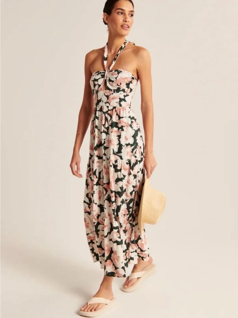 Abercrombie & Fitch Petite Pink Green Floral Halter Maxi Dress Linen NWOT XSP